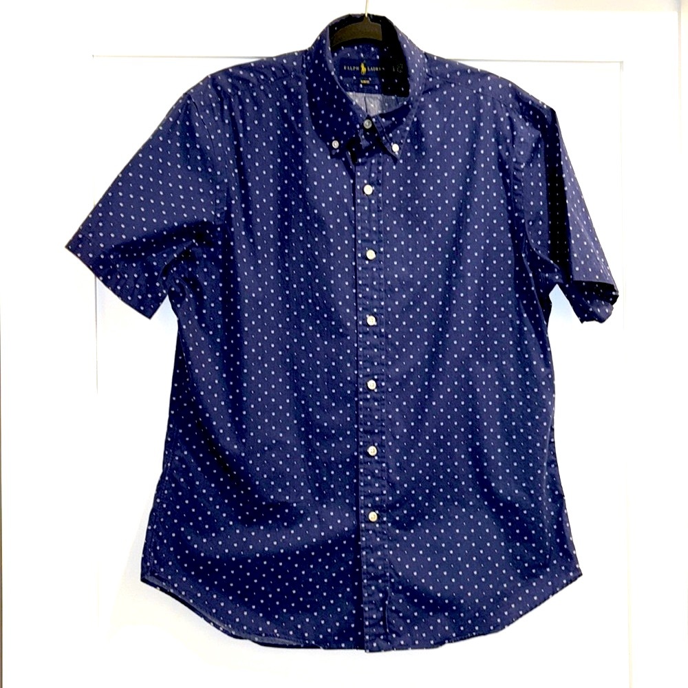Ralph Lauren Shirt Navy Blue Short Sleeve Button Down Collar Men LARGE Slim Fit